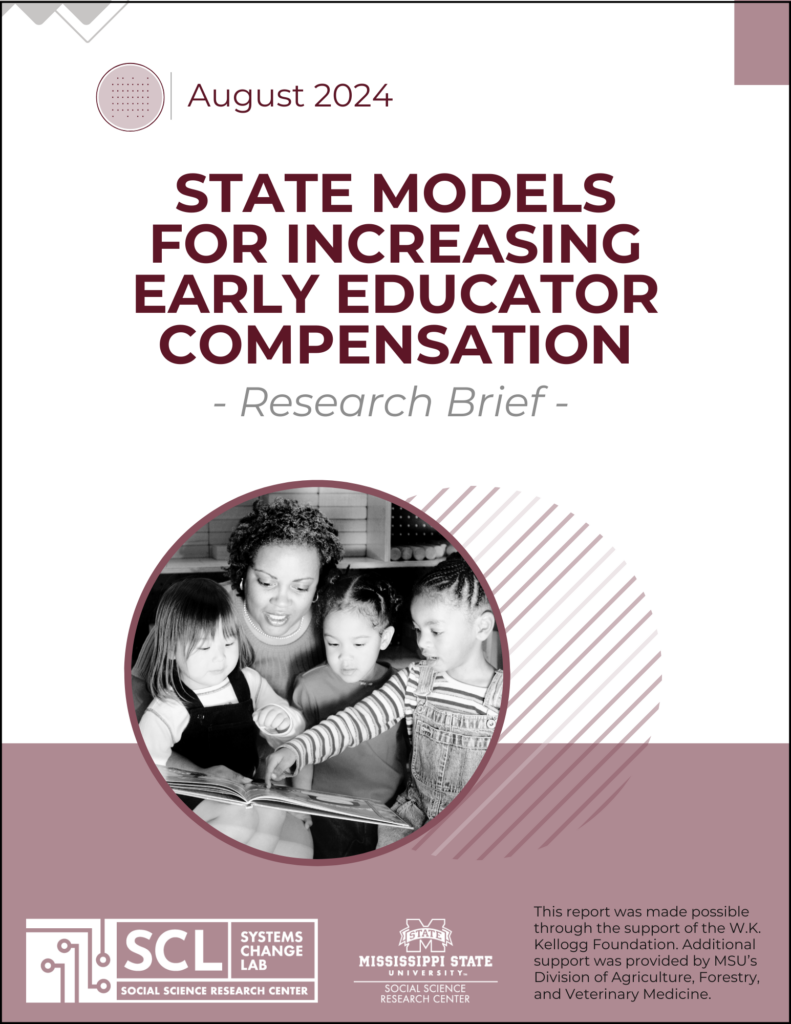 Cover of brief: State Models for Increasing Early Educator Compensation brief, picture of teacher with three children