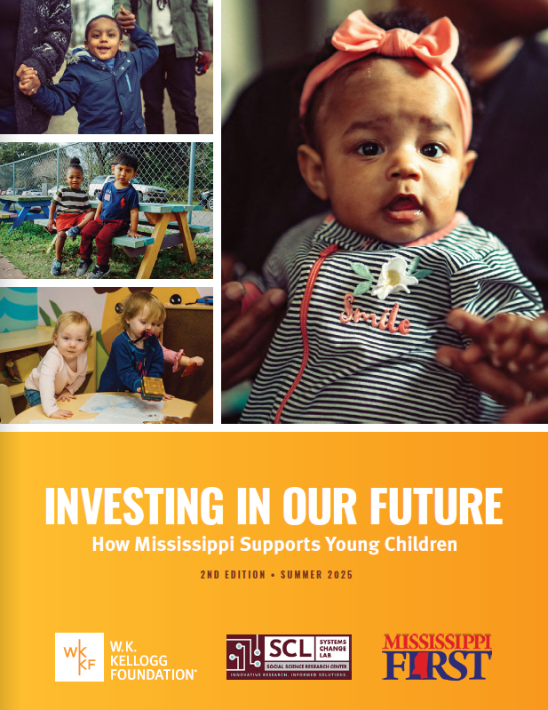 Cover of Investing in Our Future report. 5 pictures of babies and young children.